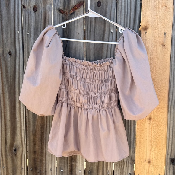 Vine & Love Tops - Vine & Love Puff Sleeve Smocked Crop Top - Beige